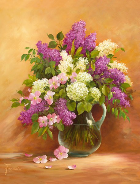 Fasani, SMELL OF LILAC I (Malerei, Stillleben, Blumen, Flieder, Floral, Blüten, üppig, Vase, Blumenvase, Wohnzimmer, Schlafzimmer, Treppenhaus, Esszimer, Wunschgröße, bunt)