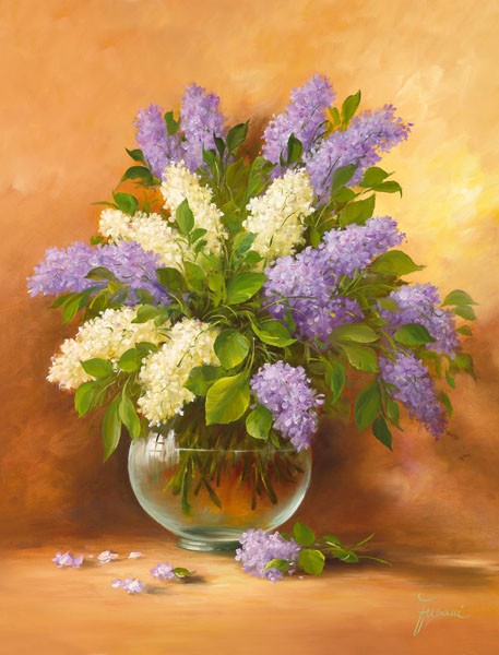 Fasani, SMELL OF LILAC II (Malerei, Stillleben, Blumen, Flieder, Floral, Blüten, üppig, Vase, Blumenvase, Schlafzimmer, Treppenhaus, Esszimer, Wunschgröße, bunt)