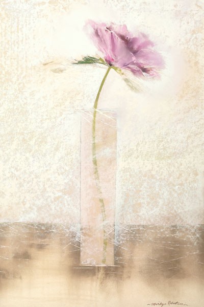 Marilyn Robertson, CALICO I (Malerei, Stillleben, Blume, Blüte, filigran, Vase, modern, dekorativ, Wunschgröße, Schlafzimmer, Treppenhaus, Wohnzimmer, blass/pastell)