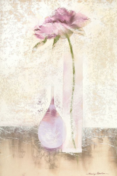 Marilyn Robertson, CALICO II (Malerei, Stillleben, Blume, Blüte, filigran, Vase, modern, dekorativ, Wunschgröße, Schlafzimmer, Treppenhaus, Wohnzimmer, blass/pastell)