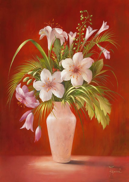 Fasani, AFTERNOON DELIGHT II (Malerei, Stillleben, Blumen, Lilien, Kalla, Floral, Blüten, üppig, Vase, Blumenvase, Schlafzimmer, Treppenhaus, Wunschgröße, rot/bunt)