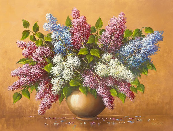 Helmut Glassl, SYRINGA (Malerei, Stillleben, Blumen, Blumenstrauss, Vase, Flieder, Nostalgie, Wohnzimmer, Treppenhaus, Wunschgröße, bunt)