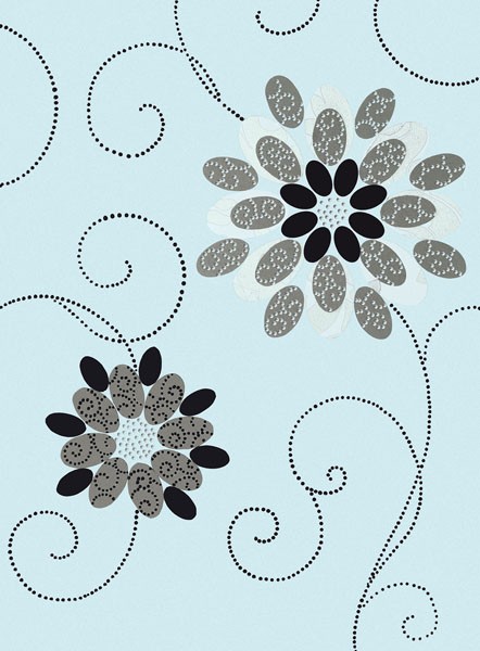 Design Show, SYMPHONY OF BLUES I (Retro, Vintage, Grafik, Blumen, Blüten, Schnörkel, Tapetenmuster, dekorativ, Sechziger Jahre, Wunschgröße, Wohnzimmer, Treppenhaus, grau)