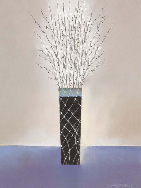 Marilyn Robertson, WILLOW I (Malerei, Stillleben, Blumen, Blüten, Vase, Zweige, dekorativ, Schlafzimmer, Treppenhaus, Wohnzimmer, blau / grau)
