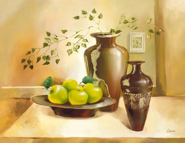Olga, MILANO (Stillleben, Blumenvasen, Blumen, Obstschale, Äpfel, Tisch, dekorativ, Wunschgröße, Esszimmer, Treppenhaus, Wohnzimmer, bunt)