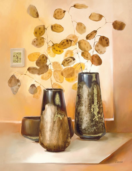 Olga, BARI (Stillleben, Blumenvasen, Blumen, Silberblatt, Tisch, dekorativ, Wunschgröße, Esszimmer, Treppenhaus, Wohnzimmer, bunt)