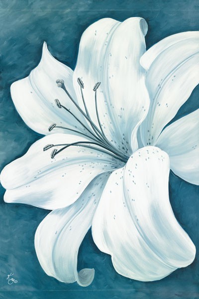 Kaye Lake, WISTFUL LILY I (Blumen, Blüten, Lilien, Natur, Botanik, Treppenhaus, Wohnzimmer, Malerei, Zeitgenössisch, Wunschgröße, weiß / blau)