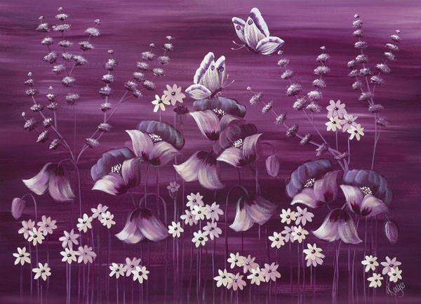 Kaye Lake, MOONLIT MEADOW (Malerei, Zeitgenössisch, Natur, Blumen, Blüten, Blumen bei Nacht, Mondlicht, Blumenwiese, Insekten, Schmetterlinge,  Wunschgröße, Treppenhaus, Wohnzimmer, lila)