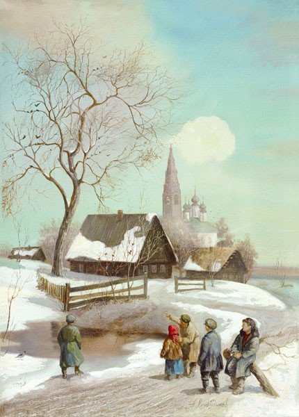 A. Chairudinov, END OF WINTER (Landschaft, Landschaftsmalerei, Winter, Dorf, Nostalgie, Kinder, Malerei, Wunschgröße, Wohnzimmer, Treppenhaus, bunt)