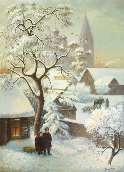 A. Chairudinov, A FREEZING DAY (Landschaft, Landschaftsmalerei, Winter, Dorf, Nostalgie, Schlitten, Malerei, Wunschgröße, Wohnzimmer, Treppenhaus, bunt)