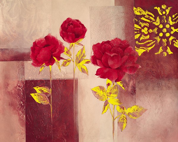 Verbeek & Van den Broek, RED ESSENCE (Malerei, modern, abstrakte Malerei, Farbflächen, Rechtecke, Rosen, Blumen, Blüten, Wunschgröße, Wohnzimmer, Treppenhaus, rot/gold)