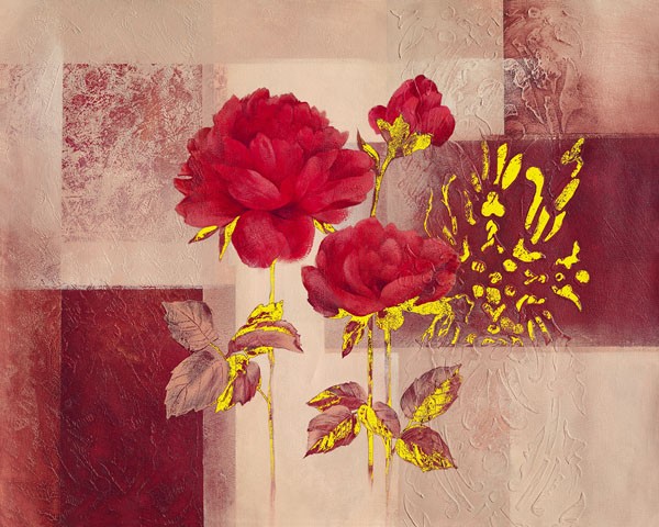 Verbeek & Van den Broek, RED IMPRESSION (Malerei, modern, abstrakte Malerei, Farbflächen, Rechtecke, Rosen, Blumen, Blüten, Wunschgröße, Wohnzimmer, Treppenhaus, rot/gold)