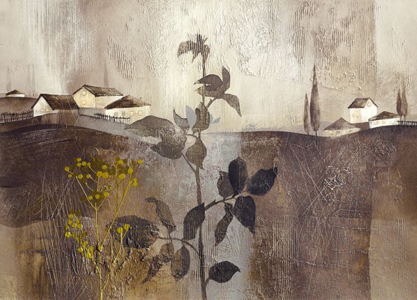 Verbeek & Van den Broek, TUSCAN GOLD II (Wunschgröße, Malerei, modern, , Landschaft, Landschaftsmalerei, Dorf, Zweige, Wohnzimmer, Schlafzimmer, Wellness, Treppenhaus, grau/braun)
