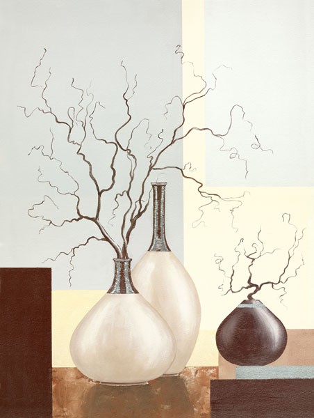 David Sedalia, MEDLEY IN BROWN II (Stillleben, Eleganz, edel,  Vasen, Zweige, knorrig, klare Formen, abstrakte Muster, modern, Wohnzimmer, Esszimmer, Treppenhaus, Wunschgröße,)