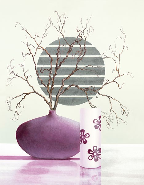 David Sedalia, PURPLE INSPIRATION II (Stillleben, Eleganz, edel,  Vasen, Zweige, knorrig, klare Formen, abstrakte Muster, modern, Wohnzimmer, Esszimmer, Treppenhaus, Wunschgröße,)