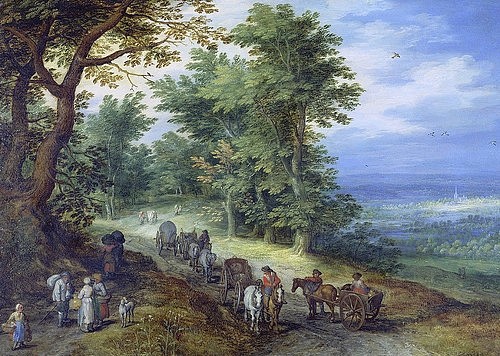 JAN BRUEGHEL DER ÄLTERE, Landschaft mit Gepäckzug. 1610 (Landschaft, Landschaftsmalerei, Kutschen, Transport, Lastenträger, Barock,  Klassiker, Malerei, Wunschgröße, Wohnzimmer, bunt)