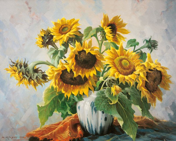 E. Krüger, SUNFLOWERS (Sonnenblumen, Blumenvase, Blumenstrauß, Blüten, üppig, Sommer, Stillleben, Nostalgie, Malerei, Esszimmer, Wohnzimmer, Wunschgröße, bunt)