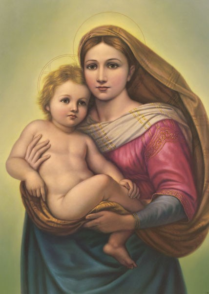 Nach Raffael, MADONNA SIXTINA (Romantik,  Drucke, alte Klassiker, Sixtinische Madonna, Engel, religiös, Kopie, Schlafzimmer, Wohnzimmer, Wunschgröße. bunt)