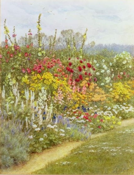 HELEN ALLINGHAM, A Herbaceous Border (Genremalerei ländlich, Weg, Blumenwiese, Kätz, Idylle, Harmonie, romantisierend, Wohnzimmer, Wunschgröße, Malerei, bunt)