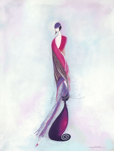 Marilyn Robertson, FELINE I (Malerei, junge Frau, Eleganz, Mantel, Katze, dekorativ, modern, Schlafzimmer, Treppenhaus, Wohnzimmer, Jugendzimmer, Bistro, Wunschgröße, bunt)