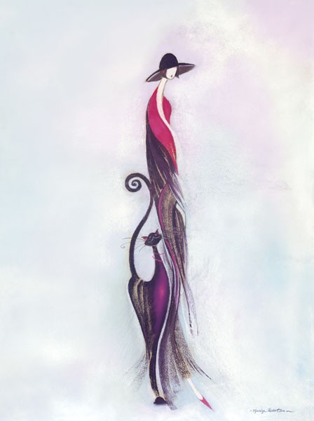 Marilyn Robertson, FELINE II (Malerei, junge Frau, Eleganz, Mantel, Katze, dekorativ, modern, Schlafzimmer, Treppenhaus, Wohnzimmer, Jugendzimmer, Bistro, Wunschgröße, bunt)