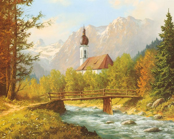 Joh. Bochmann, RAMSAU (Landschaft, Landschaftsmalerei, Berge, Gebirge, Klamm, Gebirgsbach, Holzbrücke, Kirche, Nostalgie, Idylle, Bäume, Wald, Waldesruh, Wunschgröße, Wohnzimmer, Malerei, bunt)