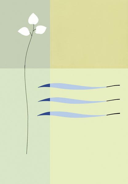 Takashi Sakai, ELEMENTAL MOVEMENT II (Pflanze, Blätter, Gräser,stilisiert, modern, minimalistisch, filigran, Grafik, Wohnzimmer, Treppenhaus, Büro, Wunschgröße, grün/gelb)