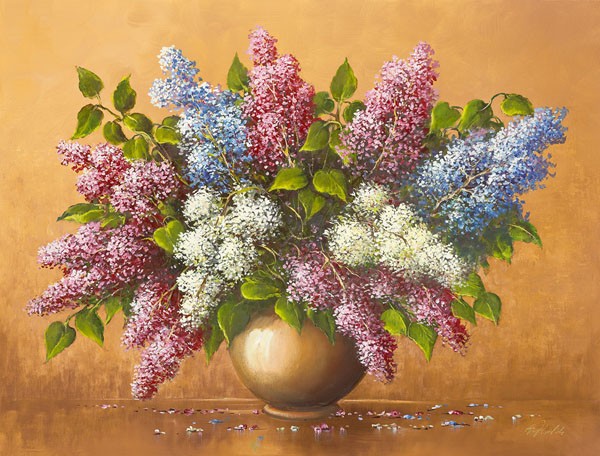 Helmut Glassl, SYRINGA (Malerei, Stillleben, Blumen, Blumenstrauss, Vase, Flieder, Nostalgie, Wohnzimmer, Treppenhaus, Wunschgröße, bunt)