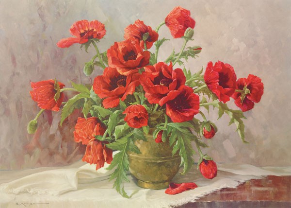 E. Krüger, MOHNBLUMEN (Mohnblumen, Klatschmohn, Sommer, Blumenbouquet, Blüten, Blumensvase, üppig, Stillleben, Nostalgie, Malerei, Esszimmer, Wohnzimmer, Wunschgröße, bunt)