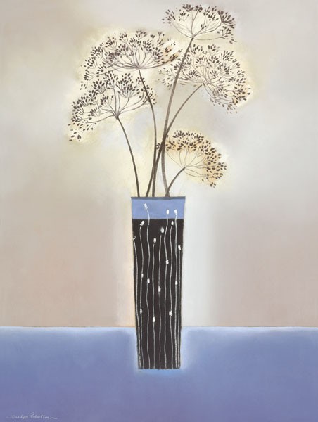Marilyn Robertson, WILLOW II (Malerei, Stillleben, Blumen, Blüten, Vase, Dolden, dekorativ, Schlafzimmer, Treppenhaus, Wohnzimmer, blau / grau)