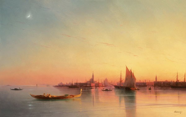 Aiwassowskij , Blick von der Lagune auf Venedig bei Sonnenuntergang (Malerei, Lagune, Wasser, Venedig, Segelboote, Sonnenuntergang, Panorama, Städte, maritim, Wohnzimmer, Treppenhaus, Schlafzimmer, Wunschgröße, bunt)