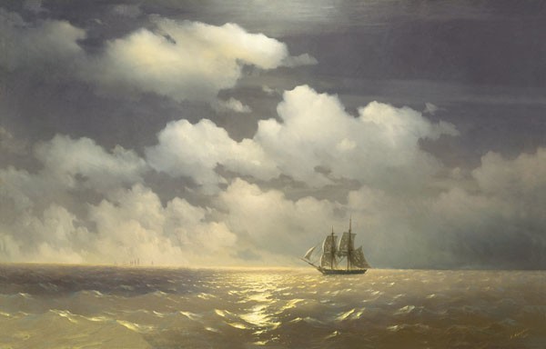 Aiwassowskij, SCHIFF MERKURI (Malerei, Meeresbrise, Meer, Wellen, Horizont, Segelboot, Wolken, maritim, Einsamkeit, Endlosigkeit,  Wohnzimmer, Schlafzimmer, bunt)