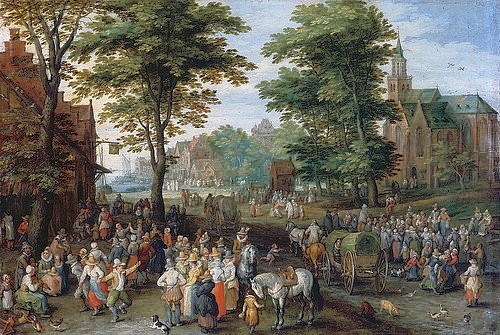 JAN BRUEGHEL DER ÄLTERE, Dorfkirmes. 1612 (Menschen, Spaß, Kirmes, Jahrmarkt, Dorf,  Barock,  Klassiker, Malerei, Wunschgröße, Wohnzimmer, bunt)