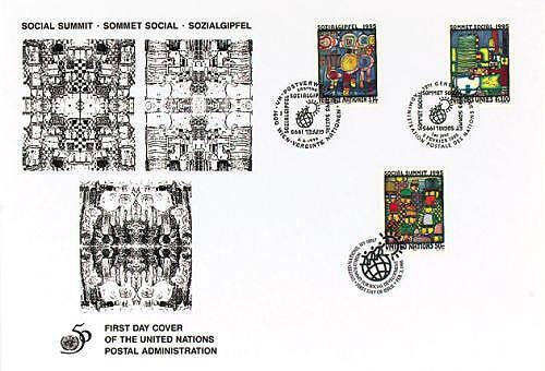 Friedensreich Hundertwasser, Sozialgipfel (Briefm.-Umschlag) (CH/Österreich/USA)