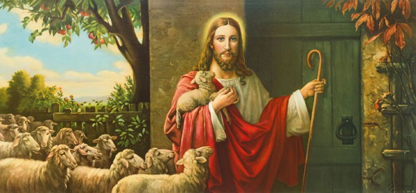 Giovanni, EINE HERDE UND EIN HIRTE (Jesus, Lamm, Schafe, Herde, Symbol,  religiös, Wunschgröße, Schlafzimmer, Wohnzimmer, Handtuchbild, bunt)
