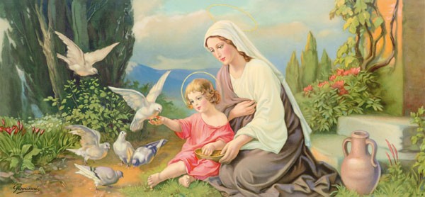 Giovanni, TAUBEN-MADONNA (Maria, Jesuskind, Mutterliebe, Tauben, Spiel, Garten, Frühling,  religiös, Wunschgröße, Schlafzimmer, Wohnzimmer, Handtuchbild, bunt)