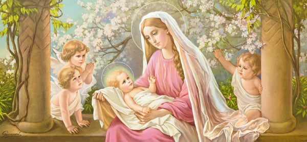 Giovanni, BLÜTEN-MADONNA (Maria, Jesuskind, Mutterliebe, Engel, Putten, Blütenzweige, Garten, Frühling,  religiös, Schlafzimmer, Wohnzimmer, Handtuchbild, bunt)