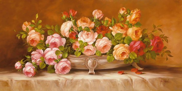 Fasani, ROSES III (Malerei, Stillleben, Blumen, rosa Rosen, Floral, Blüten, üppig, Vase, Blumenschale, Schlafzimmer, Treppenhaus, Esszimmer, Wunschgröße, bunt)