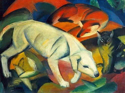 Franz Marc, Drei Tiere (Hund, Fuchs und Katze). 1912 (Mannheim,Kunsthalle,Marc,Franz,1880-1916,Lwd.,Marc, Franz Marc,20. Jahrhundert,Blauer Reiter,Tiere,Katze,Hund,Fuchs,schlafen,schlafend,drei,weiß)