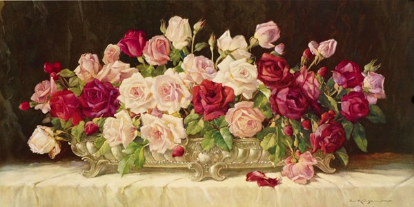 E. Krüger, ROSEN IN SILBERNER SCHALE (Rosen, Rosenbouquet, Blüten, Blumenschale, elegant, üppig, Stillleben, Nostalgie, Malerei, Esszimmer, Wohnzimmer, Wunschgröße, bunt)