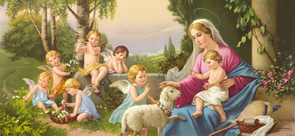 Giovanni, ENGEL-MADONNA I (Maria, Jesuskind, Mutterliebe, Engel, Lamm, Picknick, religiös, Wunschgröße, Schlafzimmer, Wohnzimmer, Handtuchbild, bunt)