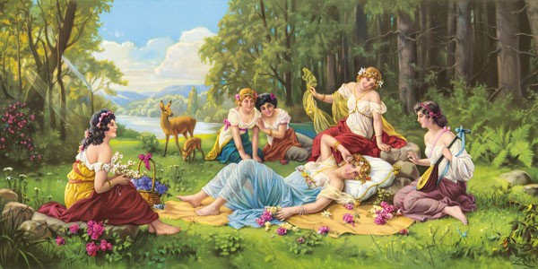 Zabateri, FRÖHLICHES ERWACHEN (Allegorie, Erwachen, junge Mädchen, Lanschaft, Wald, Sommer,Idylle, romantisch,  Schlafzimmerbild, Wohnzimmer, Schlafzimmer, Wunschgröße, bunt)