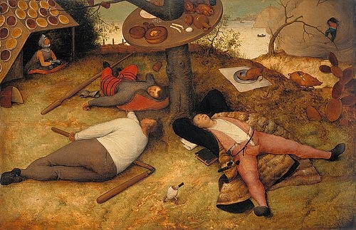 Pieter BRUEGHEL DER ÄLTERE, Das Schlaraffenland. 1566 (Bauern, rustikal, ländlich, Genremalerei, Völlerei, Paradisisch, Märchen, Renaissance, Klassiker, Malerei,  Wohnzimmer, Esszimmer, bunt)