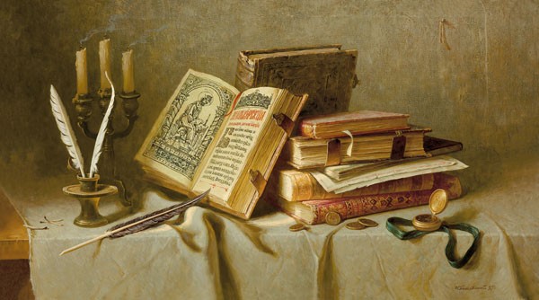 Igor Belkovskij, OLD BOOKS II (Stillleben, alte Bücher, Schreibutensilien Feder, Kerzenhalter, Taschenuhr, Nostalgie, Bibliothek, Wohnzimmer, Arbeitszimmer, Treppenhaus, Wunschgröße, Malerei, bunt)