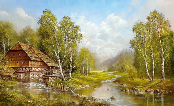 Helmut Glassl, OLD MILL COTTAGE (Malerei, Mühle, Wassermühle, Fluss, Flusslandschaft, Landschaften, Natur, Wald, Idylle, Ruhe, Bäume, Wunschgröße, Wohnzimmer, Treppenhaus, bunt)
