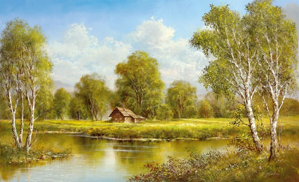 Helmut Glassl, COTTAGE AT THE LAKE (Malerei, Landschaften, Natur, See, Birken, Idylle, Ruhe, Bäume, Frühling, Blumen, Nostalgie, Wohnzimmer, Treppenhaus, Wunschgröße, bunt)