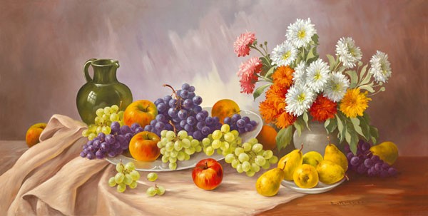 E. Krüger, FRÜCHTE-STILLEBEN (Blumen, Blüten, Blumensvase, Trauben, Weintrauben, Obstteller, Äpfel, Krug, Herbst, Tisch, Stillleben, Nostalgie, Malerei, Esszimmer, Wohnzimmer,  Wunschgröße, bunt)
