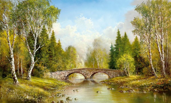 Helmut Glassl, STONE BRIDGE (Malerei, Landschaften, Natur,   Wald, Tannen, Birken, Fluss, steinerne Brücke, Einsamkeit, Idylle, Ruhe, Bäume, Nostalgie, Wohnzimmer, Treppenhaus, Wunschgröße,  bunt)