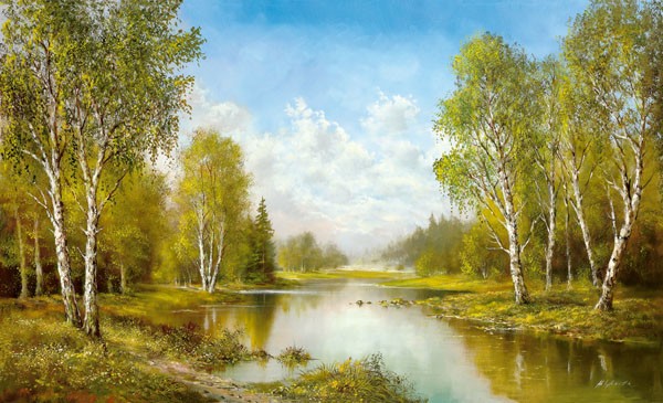 Helmut Glassl, SPRINGTIME MORNING (Malerei, Landschaften, Natur,   Wald,  Birken, Fluss, Frühling, Einsamkeit, Idylle, Ruhe, Bäume, Nostalgie, Wohnzimmer, Treppenhaus, Wunschgröße,  bunt)