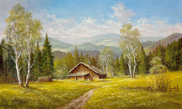 Helmut Glassl, SUMMER SHADOWS (Malerei, Landschaften, Natur,   Wald, Berge, Panorama, Birken, Wanderweg, Pfad, Einsamkeit, Idylle, Ruhe, Bäume, Nostalgie, Wohnzimmer, Treppenhaus, Wunschgröße,  bunt)